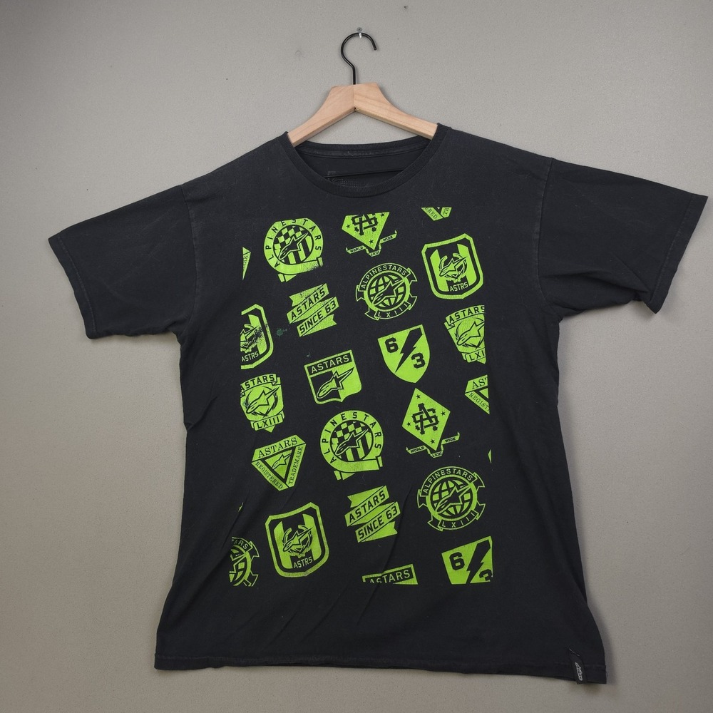 Alpinestars Astars All Over Print T-Shirt Mens M Black Green Moto Racing Y2K Tee